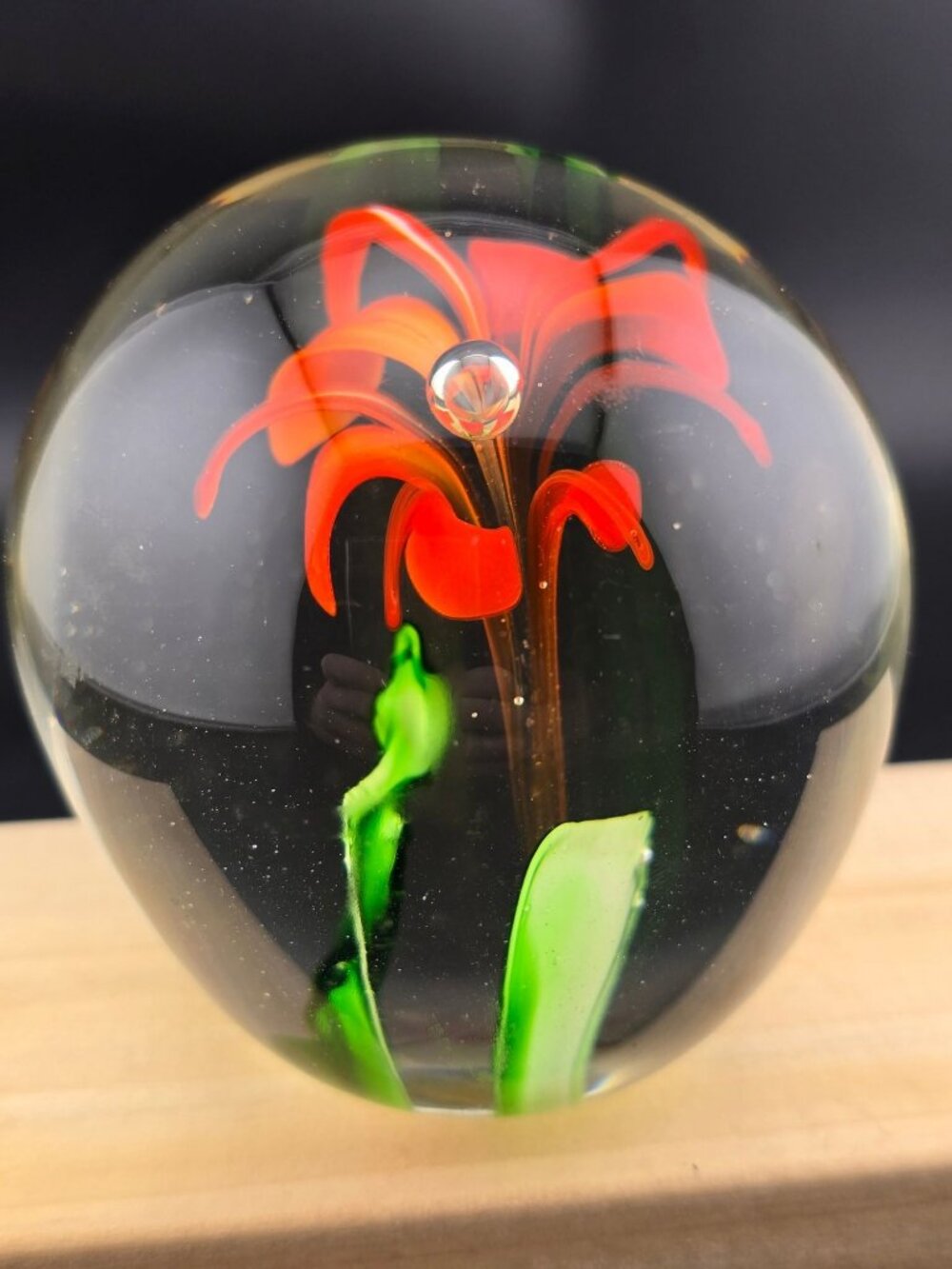 Handcrafted Clear Glass Paperweight With Orange Flower Design & Green Leaves - Picture 8 of 15